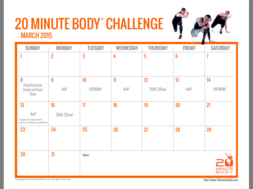20 Minute Body Challenge Workout Calendar