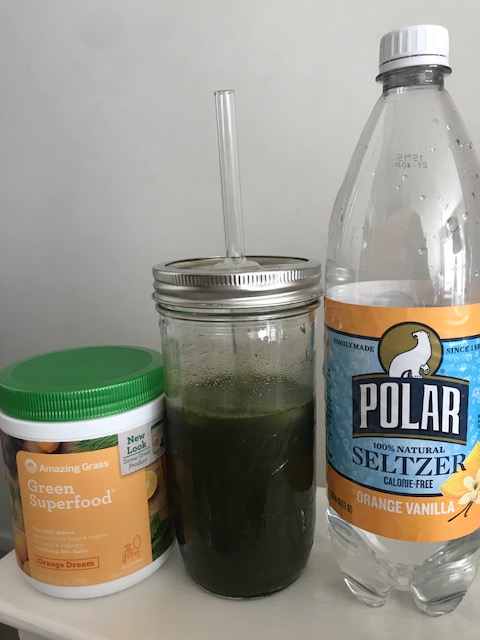 Greens mixed with Orange Vanilla Seltzer | Healthy, Fit & Barefoot!